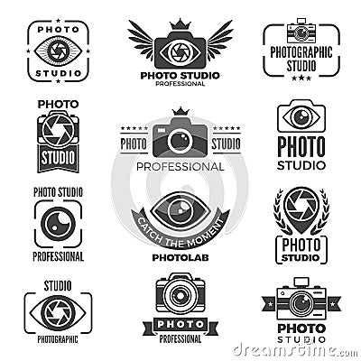 Retro pictures and logos for photo studios. Monochrome vector logotypes Vector Illustration