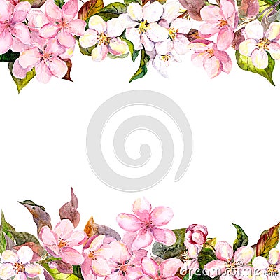 Retro pink flowers - apple, cherry blossom. Floral frame for greeting card. Aquarelle Stock Photo