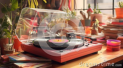 A retro pink vinyl record player stands on the desktop. Nostalgia trend Stock Photo