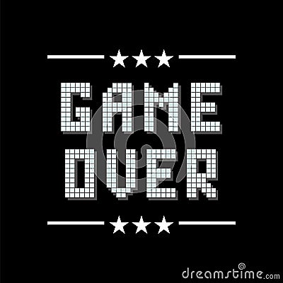 Retro Pixel Game Over Sign with Stars on Black Background. Gaming Concept. Video Game Screen Vector Illustration