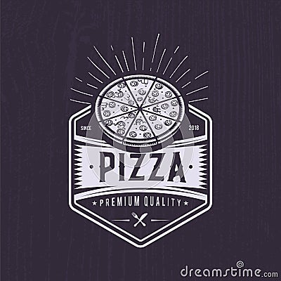 Retro pizzeria logo design. Vintage pizza emblem. Hipster badge style Stock Photo