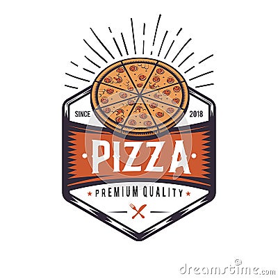 Retro pizzeria logo design. Vintage pizza emblem. Hipster badge style Vector Illustration