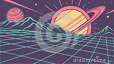 Retro planet landscape, synthwave style scene vector design Generative AI Vector Illustration