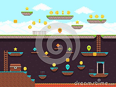 Retro platformer video game, vector gaming screen Vector Illustration