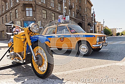 Retro police car VAZ 2106 and police motorcycle URAL Soviet time Editorial Stock Photo