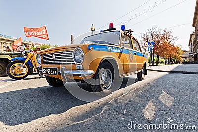 Retro police car VAZ 2106 and police motorcycle URAL Soviet time Editorial Stock Photo