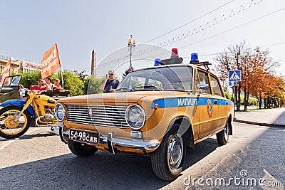 Retro police car VAZ 2106 and police motorcycle URAL Soviet time Editorial Stock Photo