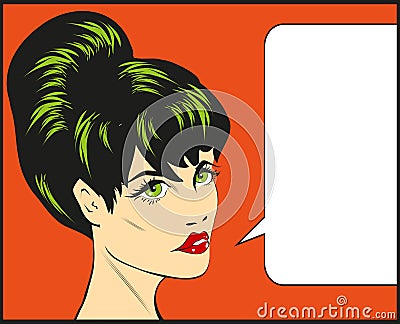 Retro pop art comics pretty girl illustration talking female face speech bubble Cartoon Illustration