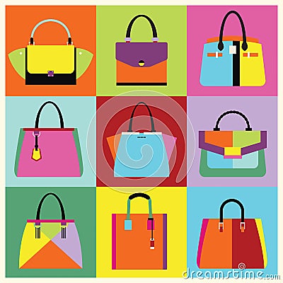 Retro pop art women handbag and purse set Vector Illustration