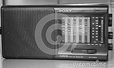 Retro radio receiver. Analog tuning scale of radio frequency. Editorial Stock Photo
