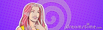 Retro Portrait Of Beautiful Woman In Pop Art Style With Long Pink Hair Looking Up To Copy Space Horizontal Banner Vector Illustration