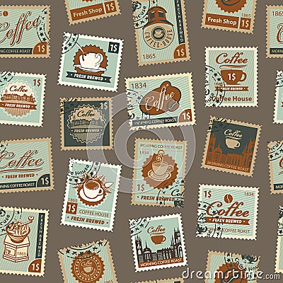 Seamless pattern with postage stamps coffee theme Vector Illustration