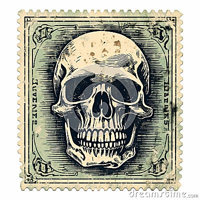 Eerie Vintage Postage Stamp With Detailed Skull Illustration Cartoon Illustration