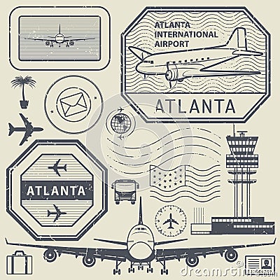 Retro postage USA airport stamps set, Atlanta theme Vector Illustration