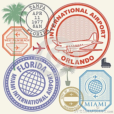 Retro postage USA airport stamps set Florida state Vector Illustration