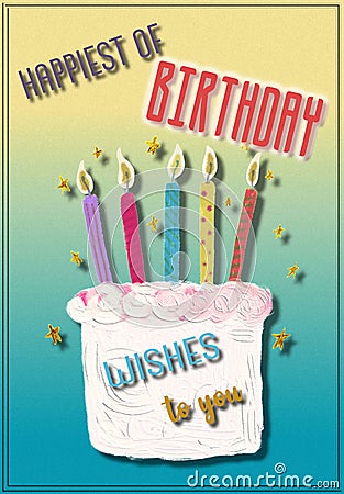 retro postcard happy birthday, oil-painted cake. cartoon style , text , candles on a cake . happy birthday wishes Cartoon Illustration