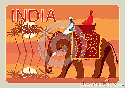 Retro postcard India. Indians on an elephant, in the background a jungle, palm trees, a river, the moon Vector Illustration