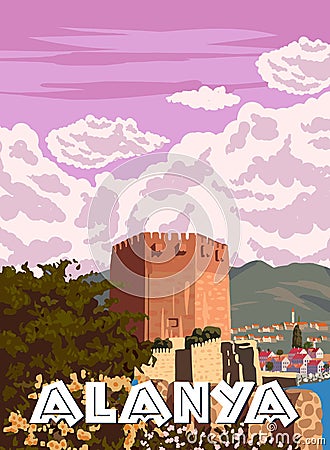 Retro Poster Alanya landmark, Turkey resort, Kizil Kule Red Towert skyline. Vintage touristic travel postcard, placard Cartoon Illustration