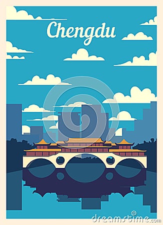 Retro poster Chengdu city skyline vintage, vector illustration Cartoon Illustration