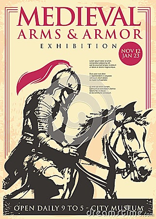 Retro poster design for medieval arms and armor museum Vector Illustration