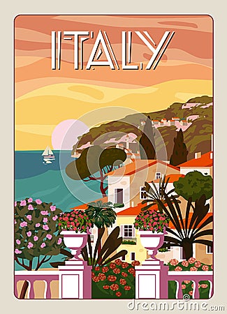 Retro Poster Italy, mediterranean romantic landscape, mountains, seaside town, sailboat, sea. Retro travel poster Vector Illustration