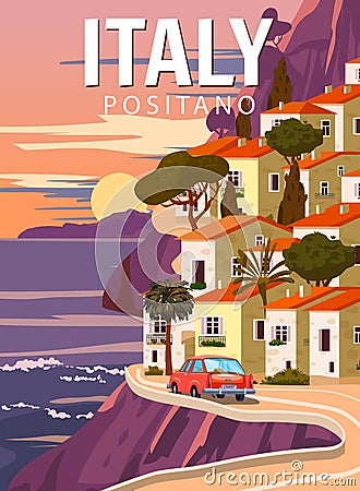 Retro Poster Italy, mediterranean romantic landscape, road, car, mountains, seaside town, sailboat, sea. Retro travel Cartoon Illustration