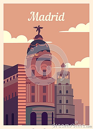 Retro poster Madrid city skyline vintage, vector illustration Cartoon Illustration
