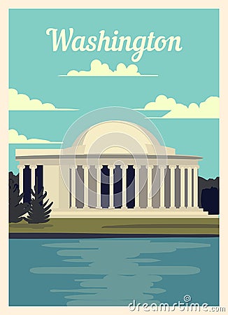 Retro poster Washington city skyline. vintage vector illustration Cartoon Illustration