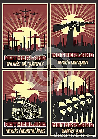 Motherland Needs... Retro Patriotic War Propaganda Posters Stock Photo