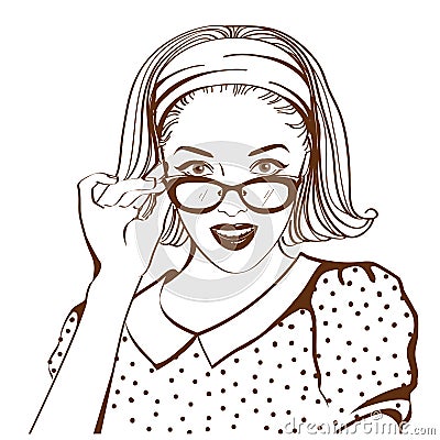 Retro pretty woman face with sunglasses Vector Illustration