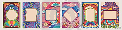 Retro psychedelic frames. Abstract colorful flyer layout with liquid shapes and place for text, backdrop wallpaper cover Vector Illustration
