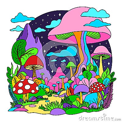 Retro psychedelic landscape. fantastic mushrooms isolated on white background Vector Illustration