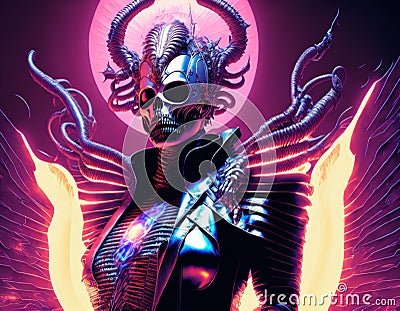 Retro Psychedelic Poster with skull, monster wearing punk outfit, purple, pink, neon, AI Generation Stock Photo