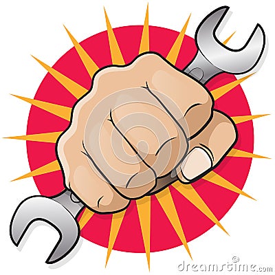 Retro Punching Fist with Spanner. Vector Illustration