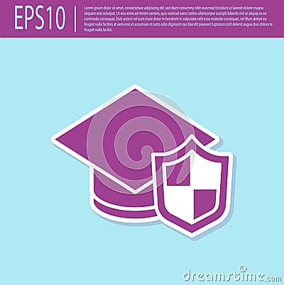 Retro purple Graduation cap with shield icon isolated on turquoise background. Insurance concept. Security, safety Vector Illustration