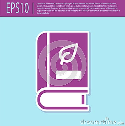 Retro purple Medical book with leaf icon isolated on turquoise background. Vector Vector Illustration