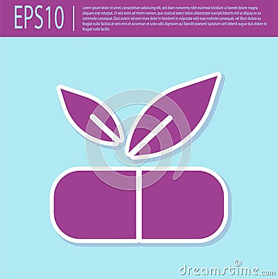 Retro purple Medical pill with plant icon isolated on turquoise background. Herbal pill. Vector Vector Illustration