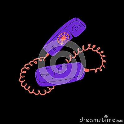 Retro purple phone with rotary disk. Vintage violet telephone, old contact equipment, 80s communication technology Vector Illustration