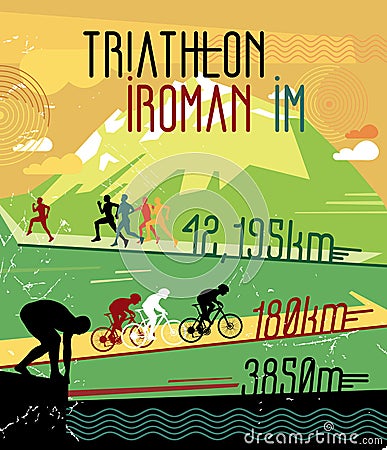 Retro race print. Retro triathlon poster. Poster sports competitions. Vector Illustration