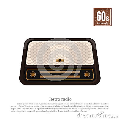 Retro radio in realistic style on white background. Old musical tuner. Technologies of 60s. Vintage brown receiver Vector Illustration