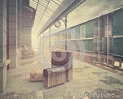 The retro railway train station Stock Photo