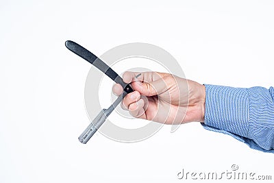 retro razor blade in hand of man isolated on white. hairdresser concept. Stock Photo