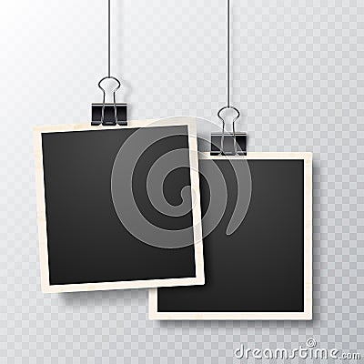 Retro realistic vector photo frame placed on transparent background. Picture frames with shadow hanging with paper clip. Vector Illustration