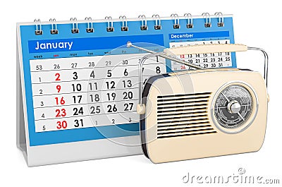 Retro receiver, radio with desk calendar, 3D rendering Stock Photo