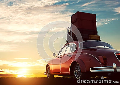 Retro red car with luggage on roof rack at sunset. Travel, vacation concepts. Cartoon Illustration