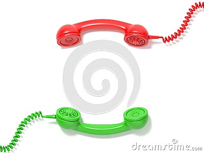 Retro red and green phone receivers lie opposite each other. 3D Cartoon Illustration