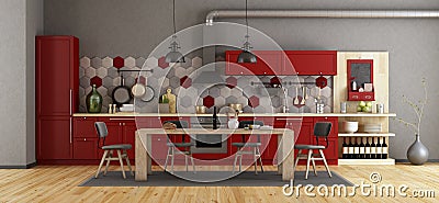 Retro red kitchen with wooden dining table Stock Photo