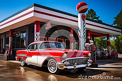 Retro red old-fashioned car at gas station. Generative AI Stock Photo