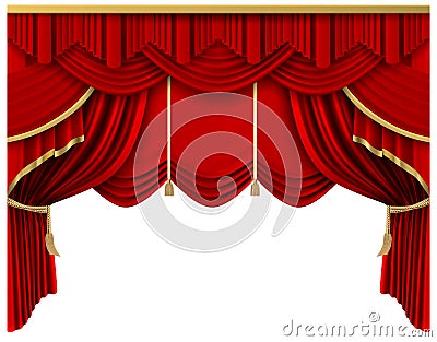 Retro red stage curtain. Realistic luxury silk curtains, theater scene interior drapery decoration, portiere drapes Vector Illustration