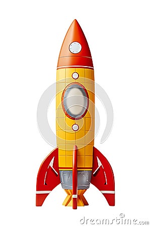 Retro red and yellow toy missile rocket spaceship taking off on a mission to send a spaceship into outer space cut out and Cartoon Illustration